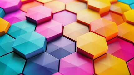 Obraz premium A vibrant geometric mosaic of interlocking pentagons in bright, contrasting colors, creating a bold and dynamic visual impact