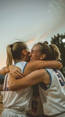 Fototapeta premium Moment of celebration as womens basketball players embrace in a group hug