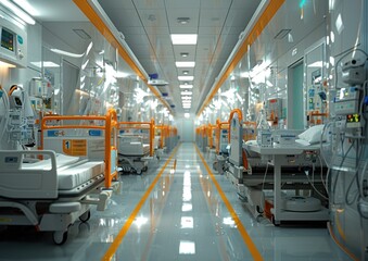 Empty hospital corridor lined with medical beds and monitors, brightly lit