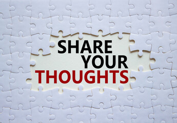Share your Thoughts symbol. Concept words Share your Thoughts on white puzzle. Beautiful white...