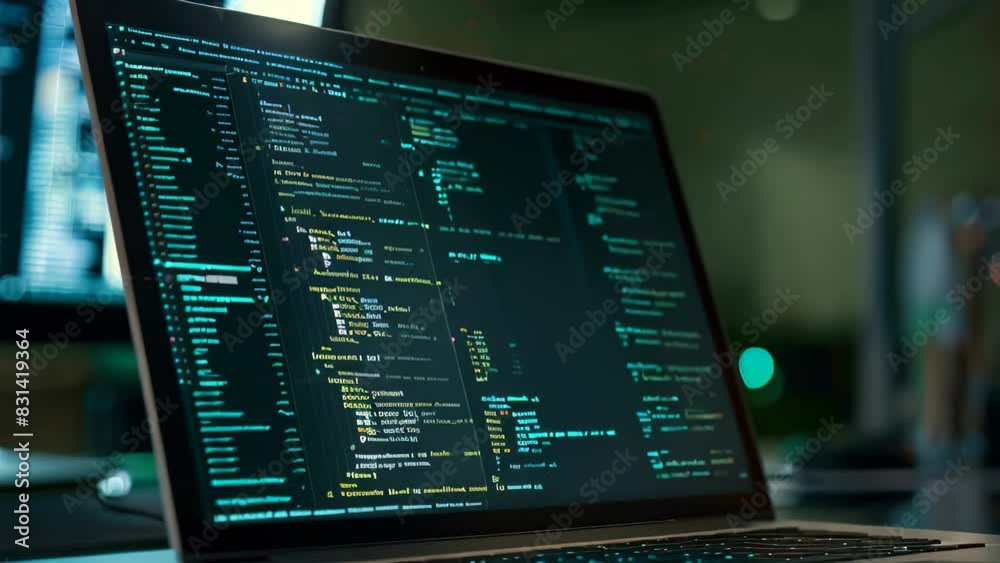 Poster a modern laptop computer displaying a complex coding project, placed on top of a wooden desk, a lapt