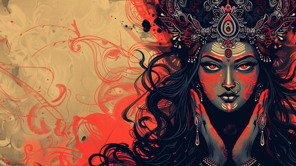 Illustration of Indian Goddess Kali Maa with Intense Expression and Ornate Details.