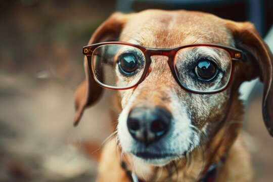 Closeup of a beagle wearing glasses, looking smart and adorable