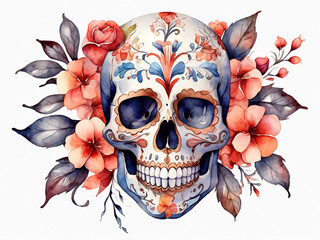 Watercolor skull with Mexican flowers on a white background The day of the Dead Generative AI