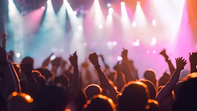A vibrant crowd of people enthusiastically raising their hands at a music festival concert, A lively music festival with bright lights and energetic crowds
