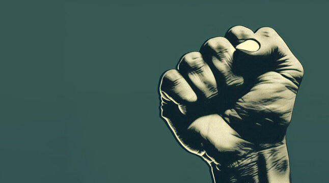 A powerful fist clenched in black and white, on a dark green background, democracy day, peaceful protest, copy space