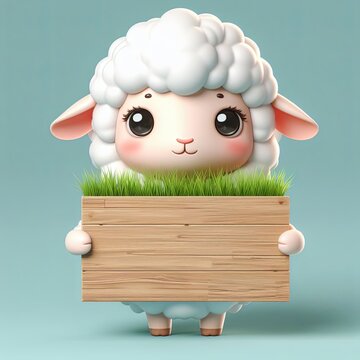 Cute Sheep Holding Grass Board Cartoon, 3d Generative AI