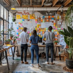 Team collaborating in a modern office, brainstorming ideas on a wall covered with colorful sticky notes and papers.