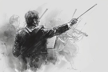 Artistic black and white sketch of an orchestra conductor leading musicians with a baton in hand, evoking musical passion and creativity.