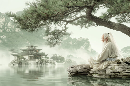 The man is positioned at the edge of a calm river, seated on a large, smooth rock under a majestic pine tree. His long white hair flows gently in the breeze as he gazes thoughtfull
