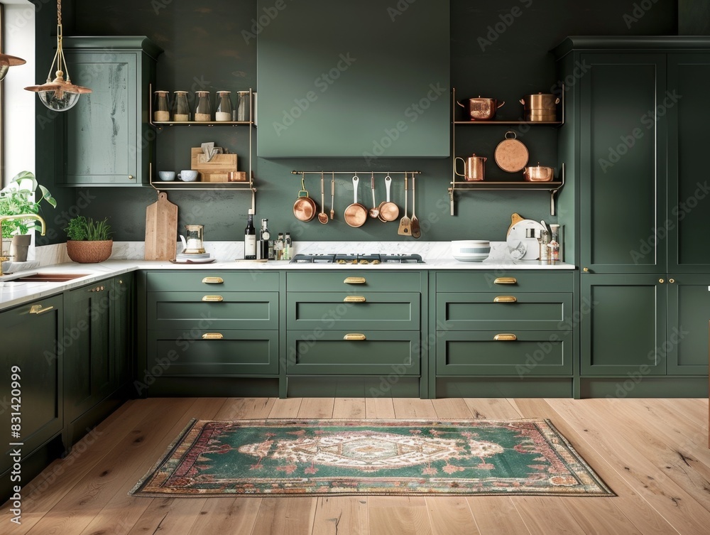 Wall mural A kitchen with green cabinets and a green rug. The kitchen is well organized with a lot of pots and pans hanging on the wall