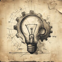 Creative sketch of a light bulb with gears on old paper, symbolizing ideas and innovation. Hand-drawn illustration with technical elements.