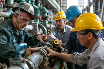 close-up shot of the stationary engineer alongside workers, all wearing uniforms and helmets, as they work directly on a section of piping. The engineer points out specific areas f