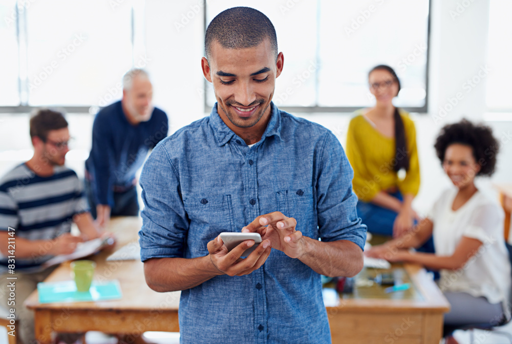 Poster man, smartphone and networking for work, social media or communication in boardroom with colleagues.