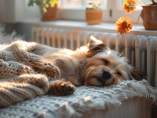Pets, heating season. The dog is warming up near the heating battery. High quality photo. Generated by AI
