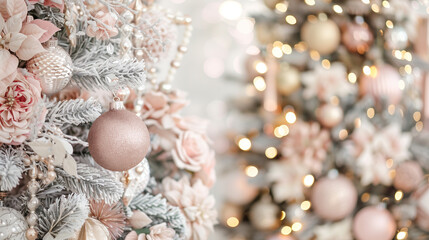 copy space, stockphoto, beautiful christmas tree decorated with gentle shades of blush pink ornaments and baubles, white tinsels. festive celebrate christmas eve background concept banner of xmas deco