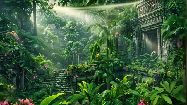 A vibrant jungle teeming with diverse wildlife and ancient ruins, A lush jungle with diverse wildlife and hidden ruins
