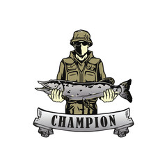 fisher holding fish logo design icon