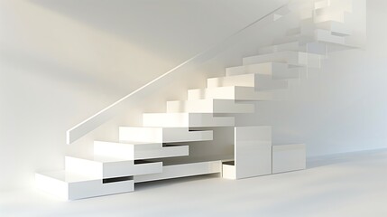 A minimalist staircase with a clean, white design and a series of hidden drawers under each step for storage
