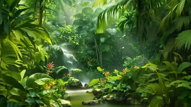 Artwork depicting a vibrant jungle setting with various plant species surrounding a flowing stream, A lush tropical rainforest with exotic flora and fauna