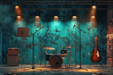 Fototapeta premium A collection of musical instruments including guitars, drums, keyboards, and microphones arranged on a stage ready for a captivating performance. Generative AI