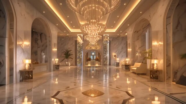 A large lobby in a luxurious hotel featuring a stunning chandelier and elegant marble floors, A luxurious hotel lobby with marble floors and crystal chandeliers