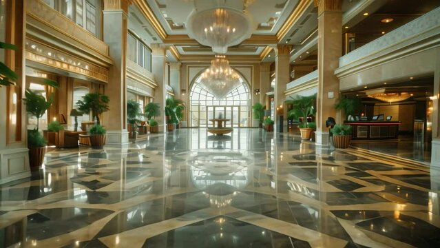 A grand lobby featuring a sparkling chandelier hanging from the ceiling, elegant marble floors, and luxurious decor, A luxurious hotel lobby with marble floors and crystal chandeliers