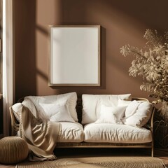 A white couch with pillows and a throw blanket sits in front of a blank wall. The couch is the main focus of the image, and the empty wall behind it creates a sense of spaciousness