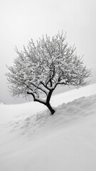 Fototapeta premium The essence of silence, lone tree covered by snow, a minimalistic and serene design backdrop. 