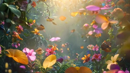 Vibrant Butterflies and Flowers in a Forest, A magical garden filled with exotic flowers and colorful butterflies fluttering amongst them