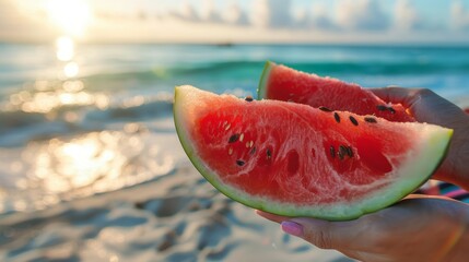 A person standing on a beach holding a slice of watermelon