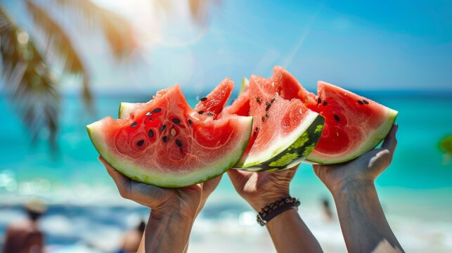A diverse group of individuals joyfully holding slices of watermelon in their hands