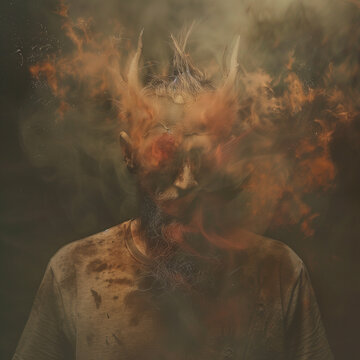 Confronting and disturbing artistic depiction of PTSD, serious trauma, flashbacks and mental illness, landscape format 