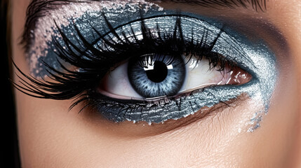 A woman's eye is painted with a colorful design.