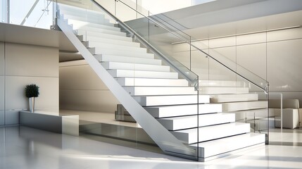 Obraz premium A modern staircase with a striking, two-tone color scheme and a sleek, glass balustrade
