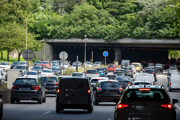 Driving in heavy traffic on ring road of capital of France, traffic jam problems in Paris