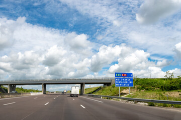 Driving on highway and road signs to Paris and other French cities, different types or roads in ...