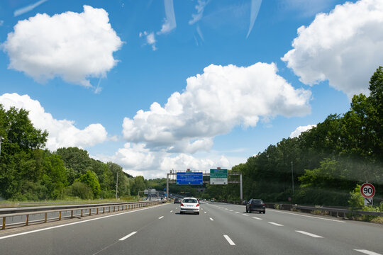 Driving on highway and road signs to Paris and other French cities, different types or roads in  France, transportation and traffic