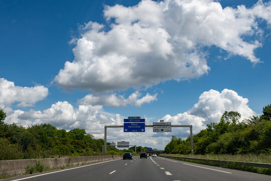 Driving on highway and road signs to Paris and other French cities, different types or roads in  France, transportation and traffic