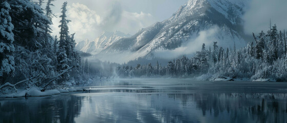 Mountains landscape in Scandinavia winter season with snow and cinematic colors and blue sky.