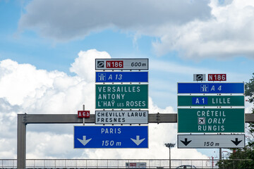 Driving on highway and road signs to Paris and other French cities, different types or roads in  France, transportation and traffic