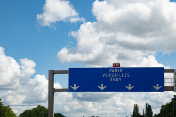 Driving on highway and road signs to Paris and other French cities, different types or roads in ...