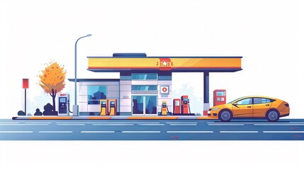 Drawing of a gas station with a white backdrop.