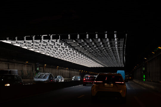 Driving in heavy traffic on ring road of capital of France, traffic jam problems in Paris