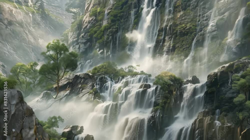 Poster A painting depicting a grand waterfall flowing through a lush forest with tall trees and rocky cliffs, A majestic waterfall cascading down a rocky cliff