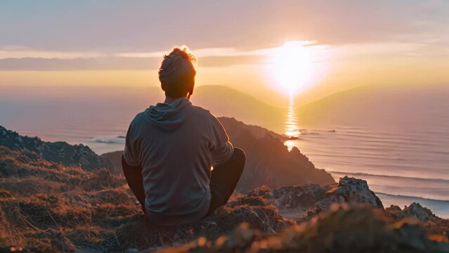 A man sitting on a hill, quietly observing the sunset, A man with a sense of calm and inner peace