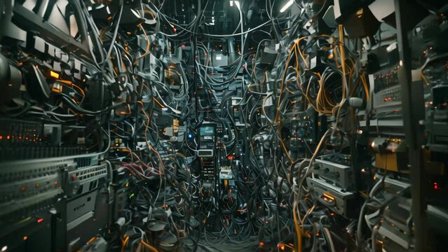 Room filled with numerous tangled wires and connectors, creating a chaotic and disorderly scene, a massive network of wires and connectors creating a mesmerizing visual display