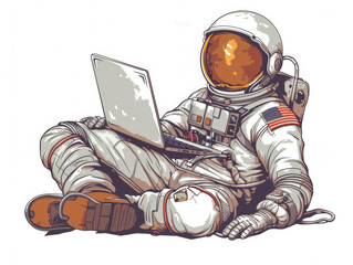 Relaxed Astronaut with Laptop in Hand-Drawn Style