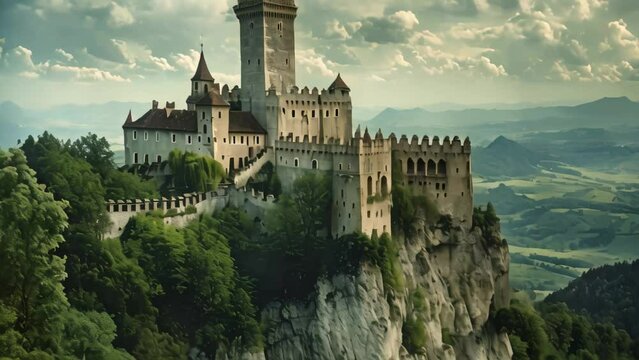 A medieval castle stands atop a cliff, overlooking a rugged landscape below, A medieval castle perched on a cliff overlooking a vast kingdom