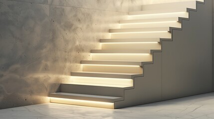 A minimalist staircase with steps that seem to emerge from the wall, each one lit by a discrete, in-step lighting